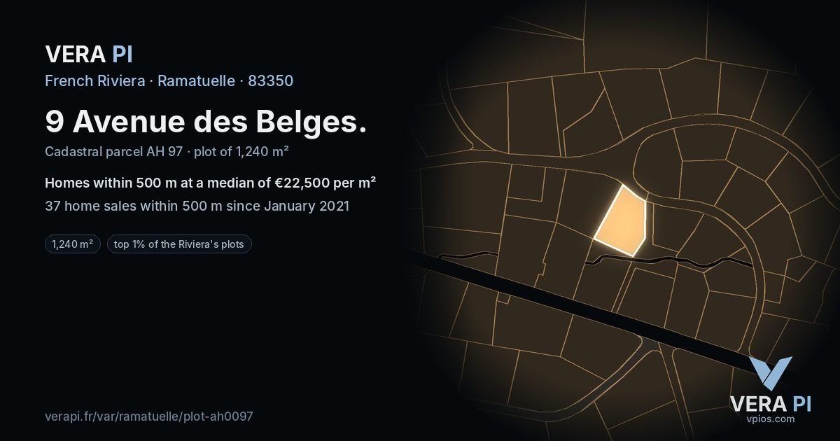 9 Avenue des Belges, Ramatuelle at night – the plot lit, the parcels around coloured by the prices near them