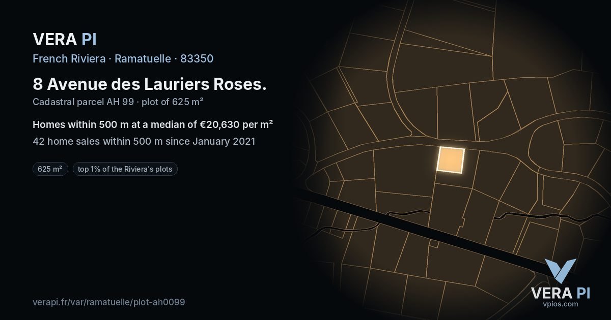 8 Avenue des Lauriers Roses, Ramatuelle at night – the plot lit, the parcels around coloured by the prices near them