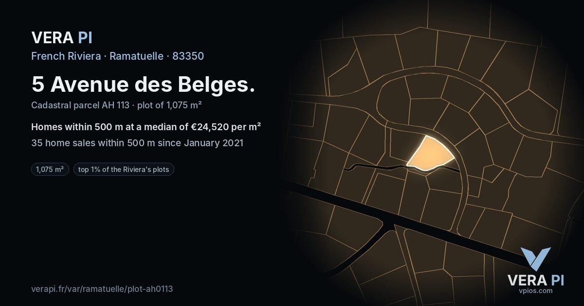 5 Avenue des Belges, Ramatuelle at night – the plot lit, the parcels around coloured by the prices near them