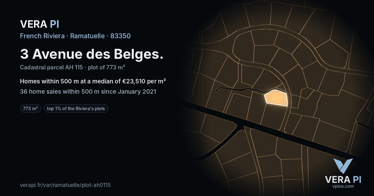 3 Avenue des Belges, Ramatuelle at night – the plot lit, the parcels around coloured by the prices near them