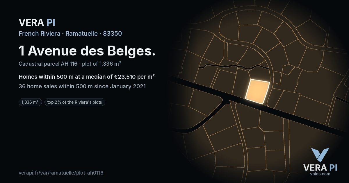 1 Avenue des Belges, Ramatuelle at night – the plot lit, the parcels around coloured by the prices near them