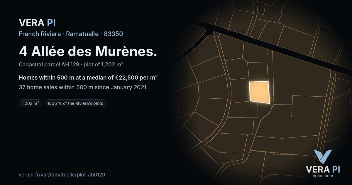 4 Allée des Murènes, Ramatuelle at night – the plot lit, the parcels around coloured by the prices near them