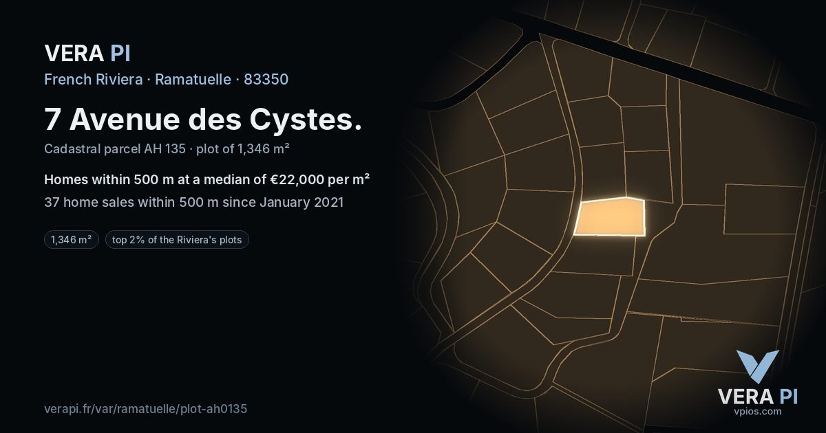 7 Avenue des Cystes, Ramatuelle at night – the plot lit, the parcels around coloured by the prices near them
