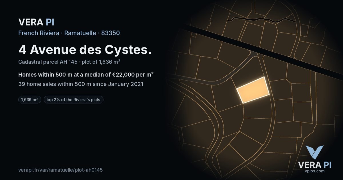 4 Avenue des Cystes, Ramatuelle at night – the plot lit, the parcels around coloured by the prices near them