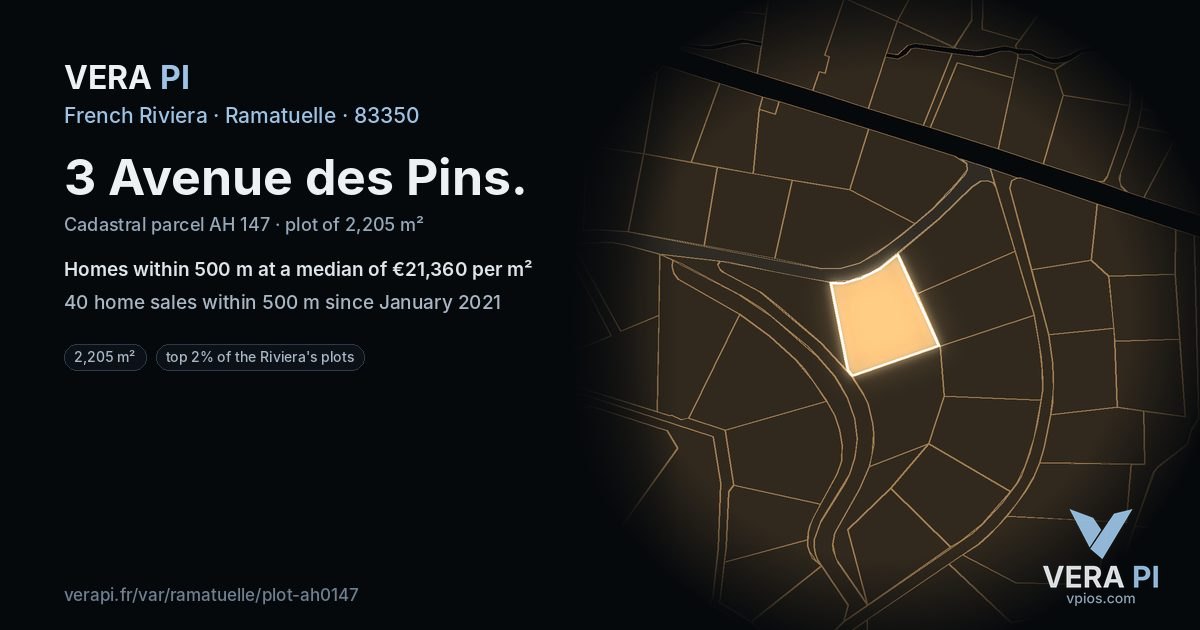 3 Avenue des Pins, Ramatuelle at night – the plot lit, the parcels around coloured by the prices near them