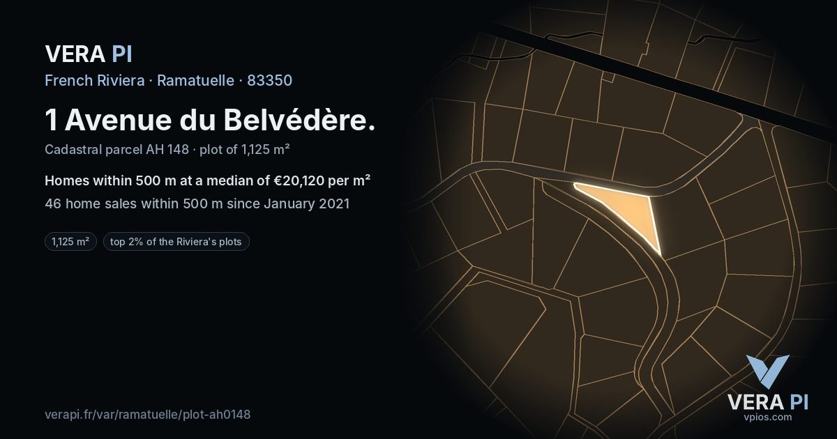 1 Avenue du Belvédère, Ramatuelle at night – the plot lit, the parcels around coloured by the prices near them