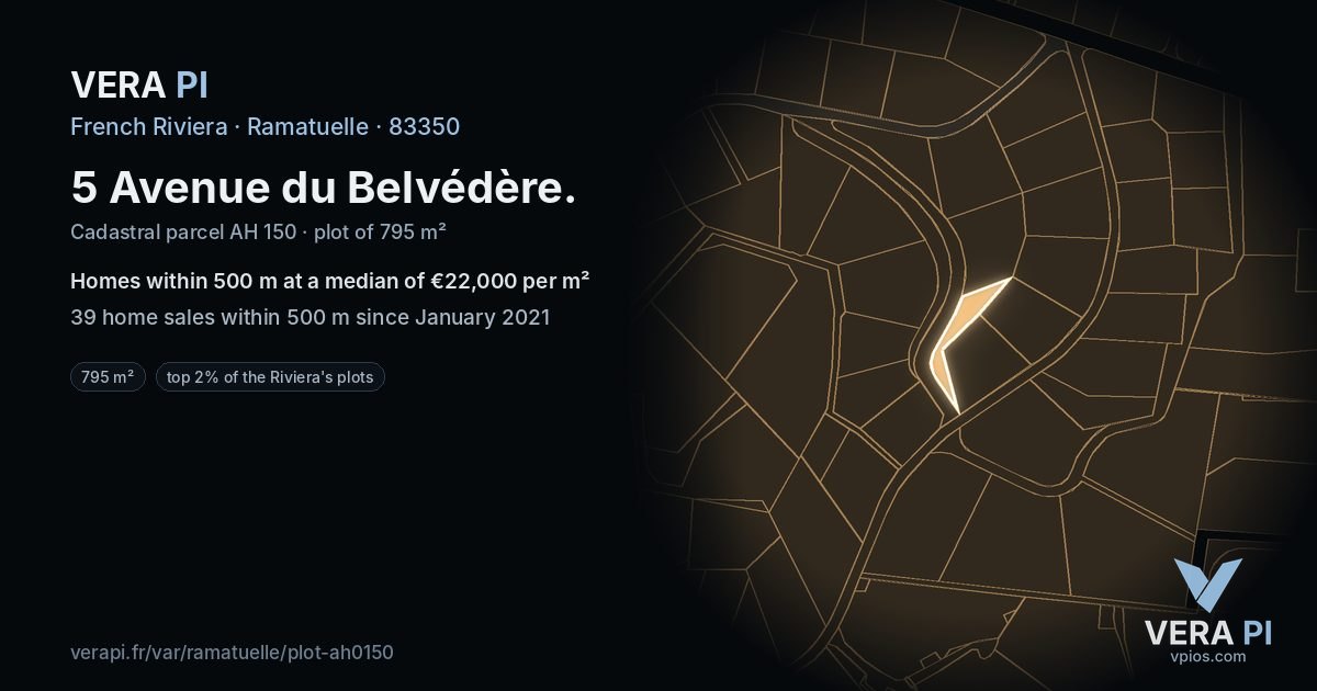 5 Avenue du Belvédère, Ramatuelle at night – the plot lit, the parcels around coloured by the prices near them