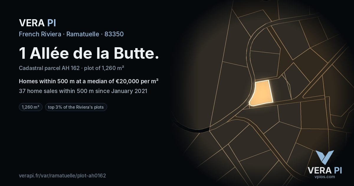 1 Allée de la Butte, Ramatuelle at night – the plot lit, the parcels around coloured by the prices near them