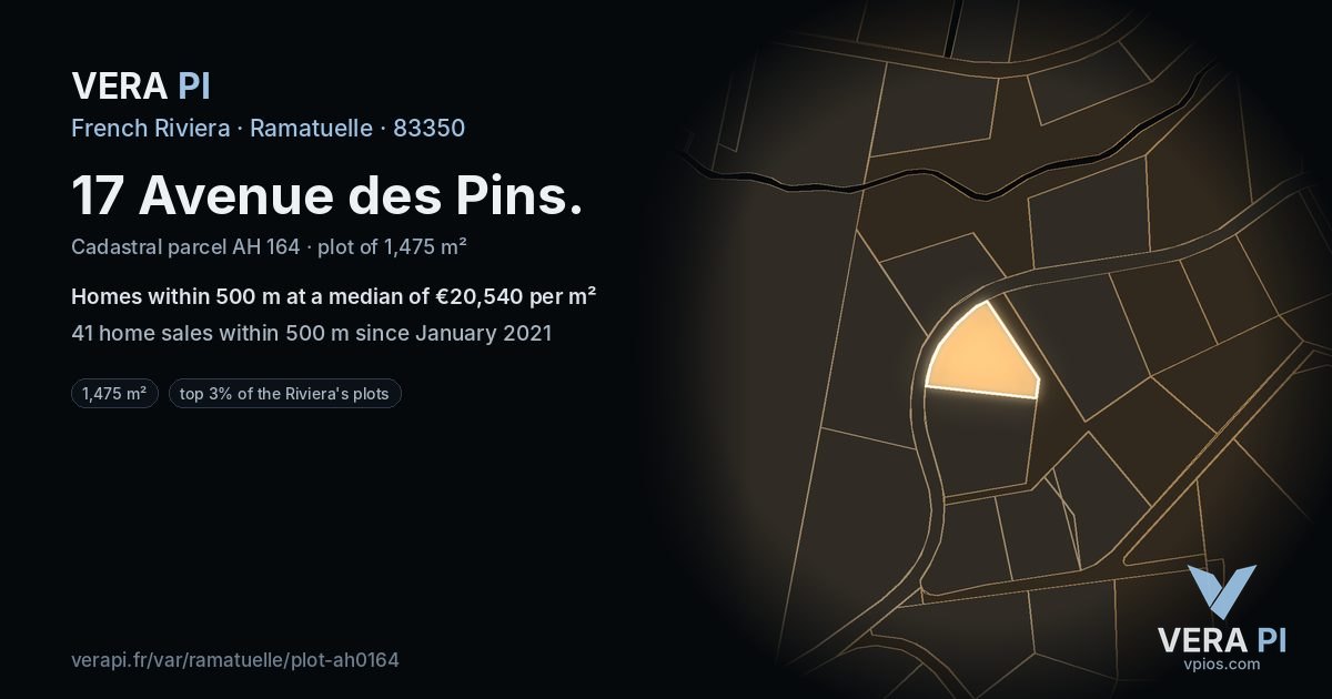 17 Avenue des Pins, Ramatuelle at night – the plot lit, the parcels around coloured by the prices near them