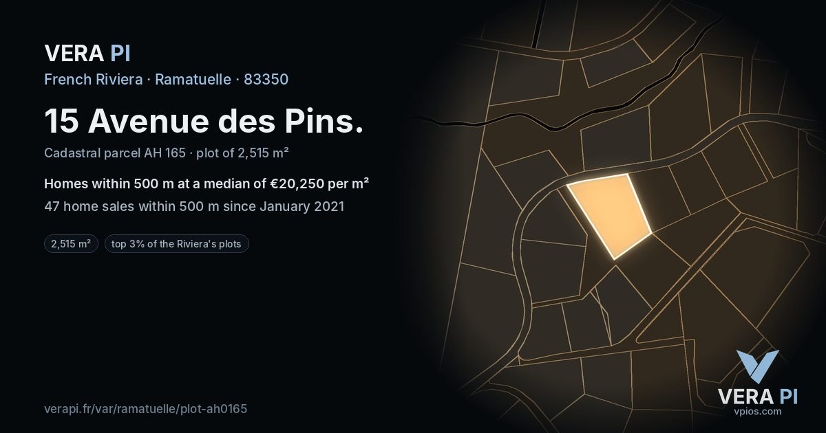 15 Avenue des Pins, Ramatuelle at night – the plot lit, the parcels around coloured by the prices near them