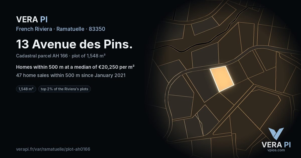 13 Avenue des Pins, Ramatuelle at night – the plot lit, the parcels around coloured by the prices near them