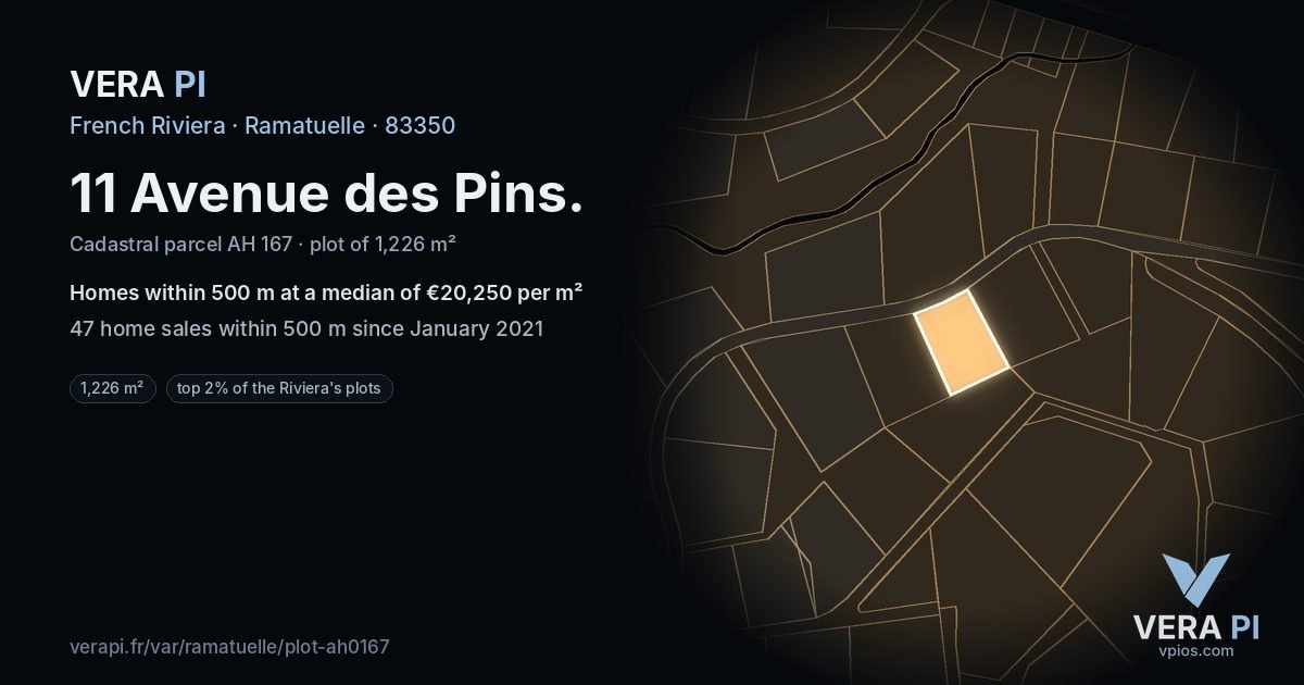 11 Avenue des Pins, Ramatuelle at night – the plot lit, the parcels around coloured by the prices near them
