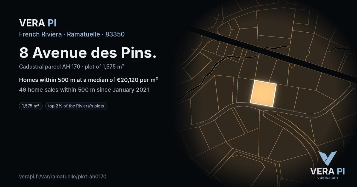 8 Avenue des Pins, Ramatuelle at night – the plot lit, the parcels around coloured by the prices near them