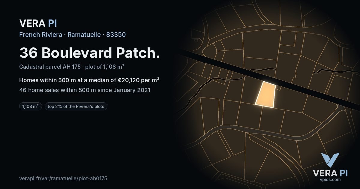 36 Boulevard Patch, Ramatuelle at night – the plot lit, the parcels around coloured by the prices near them