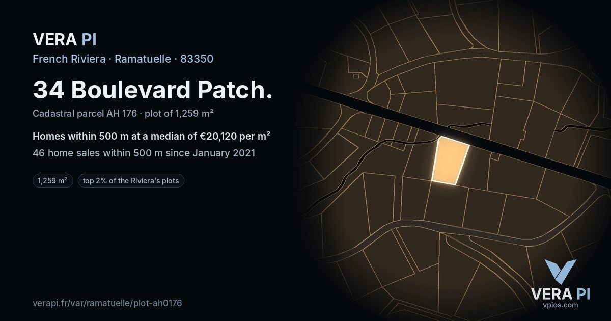 34 Boulevard Patch, Ramatuelle at night – the plot lit, the parcels around coloured by the prices near them