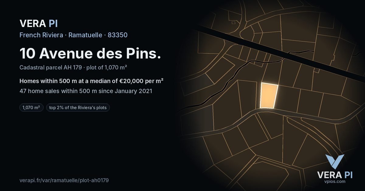 10 Avenue des Pins, Ramatuelle at night – the plot lit, the parcels around coloured by the prices near them