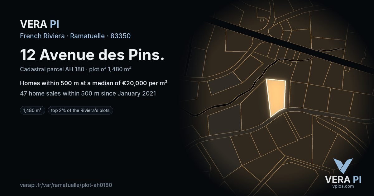 12 Avenue des Pins, Ramatuelle at night – the plot lit, the parcels around coloured by the prices near them