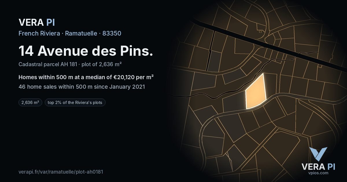 14 Avenue des Pins, Ramatuelle at night – the plot lit, the parcels around coloured by the prices near them