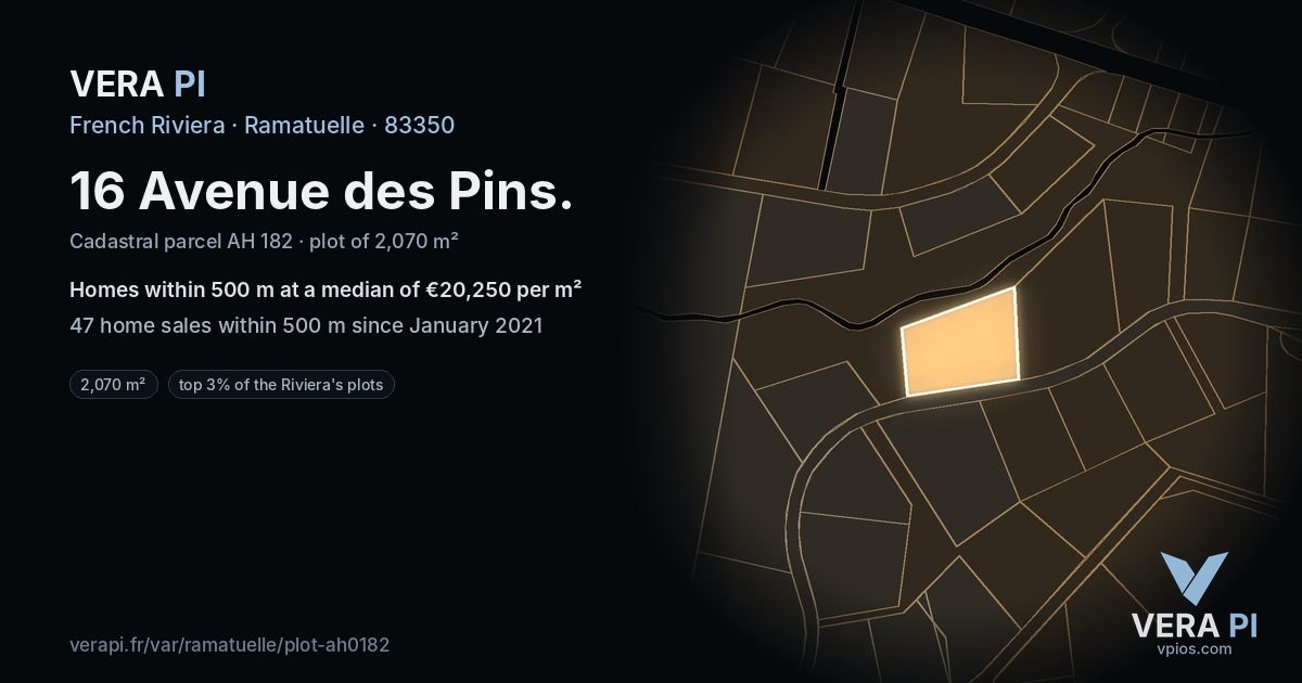 16 Avenue des Pins, Ramatuelle at night – the plot lit, the parcels around coloured by the prices near them