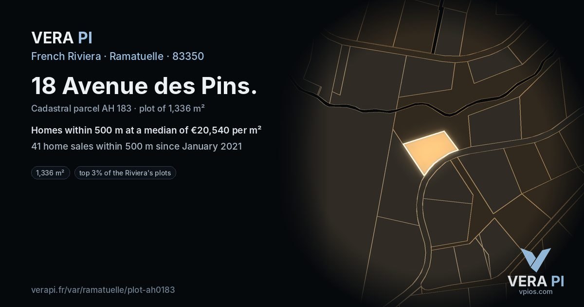 18 Avenue des Pins, Ramatuelle at night – the plot lit, the parcels around coloured by the prices near them