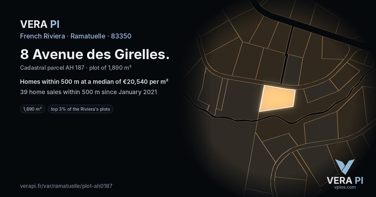 8 Avenue des Girelles, Ramatuelle at night – the plot lit, the parcels around coloured by the prices near them