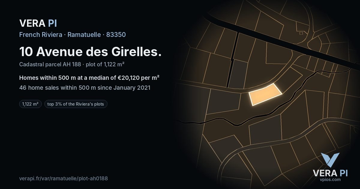10 Avenue des Girelles, Ramatuelle at night – the plot lit, the parcels around coloured by the prices near them