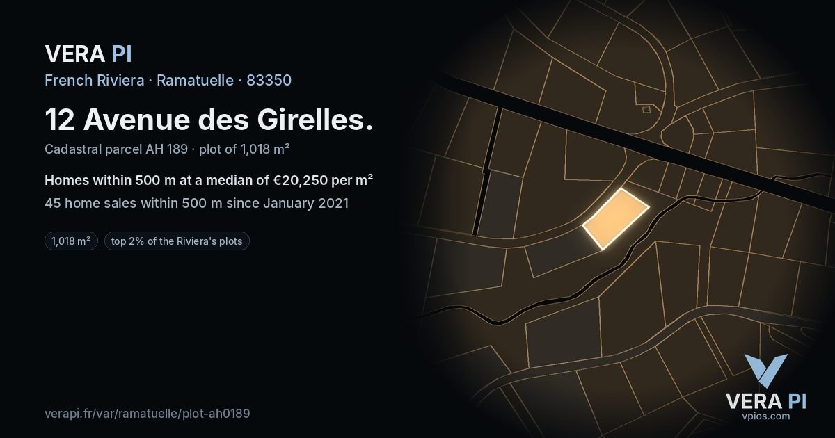 12 Avenue des Girelles, Ramatuelle at night – the plot lit, the parcels around coloured by the prices near them