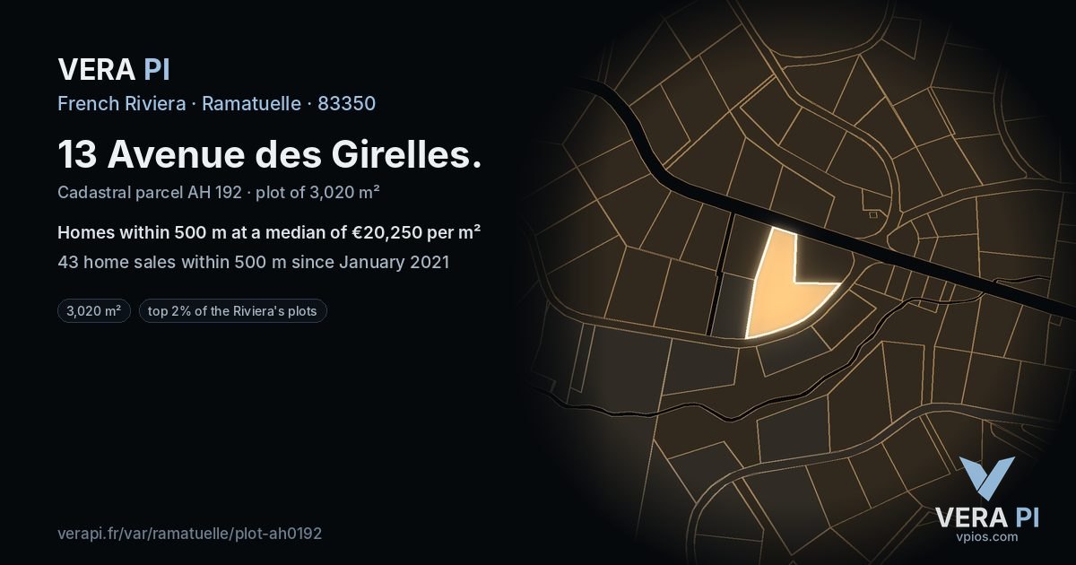 13 Avenue des Girelles, Ramatuelle at night – the plot lit, the parcels around coloured by the prices near them