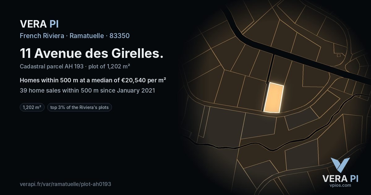 11 Avenue des Girelles, Ramatuelle at night – the plot lit, the parcels around coloured by the prices near them
