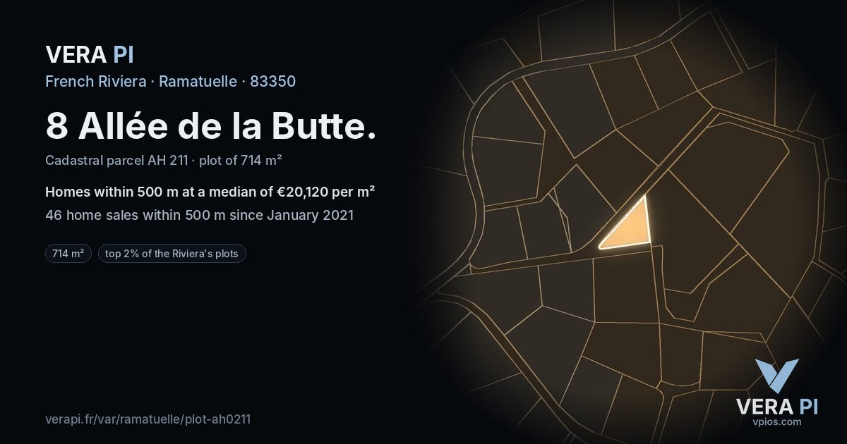 8 Allée de la Butte, Ramatuelle at night – the plot lit, the parcels around coloured by the prices near them