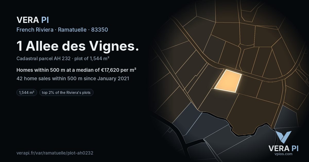 1 Allee des Vignes, Ramatuelle at night – the plot lit, the parcels around coloured by the prices near them