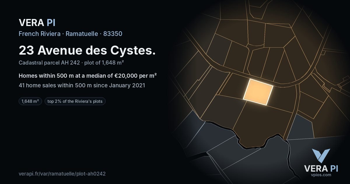 23 Avenue des Cystes, Ramatuelle at night – the plot lit, the parcels around coloured by the prices near them