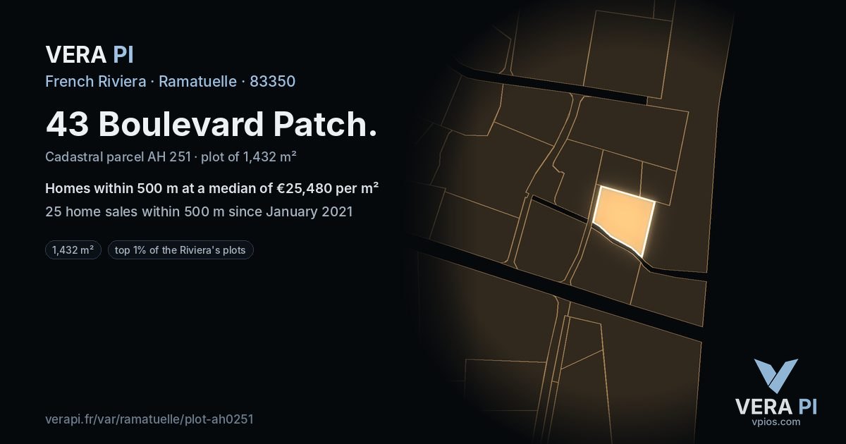 43 Boulevard Patch, Ramatuelle at night – the plot lit, the parcels around coloured by the prices near them