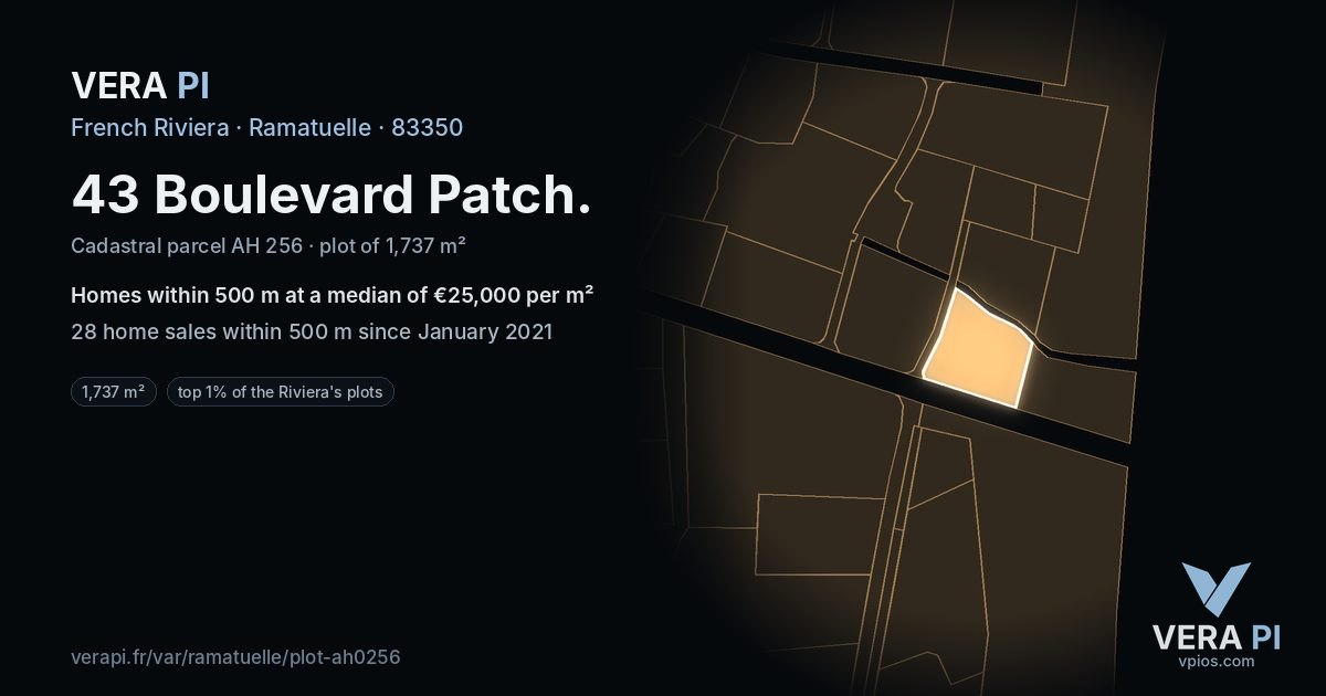 43 Boulevard Patch, Ramatuelle at night – the plot lit, the parcels around coloured by the prices near them