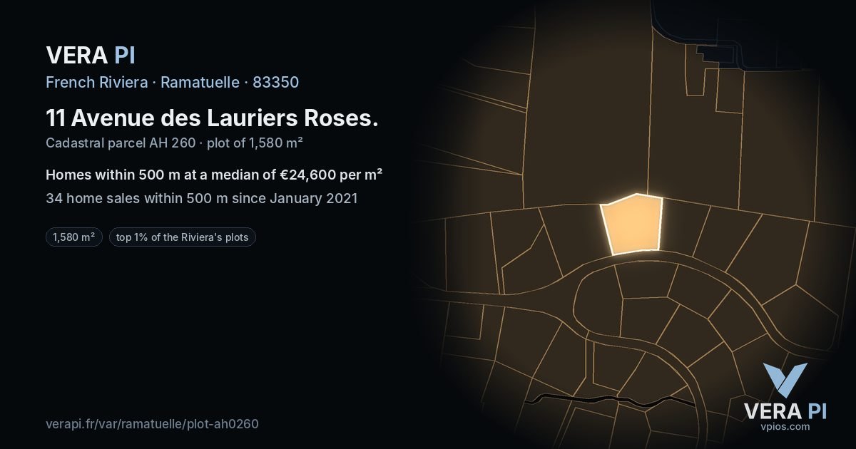 11 Avenue des Lauriers Roses, Ramatuelle at night – the plot lit, the parcels around coloured by the prices near them