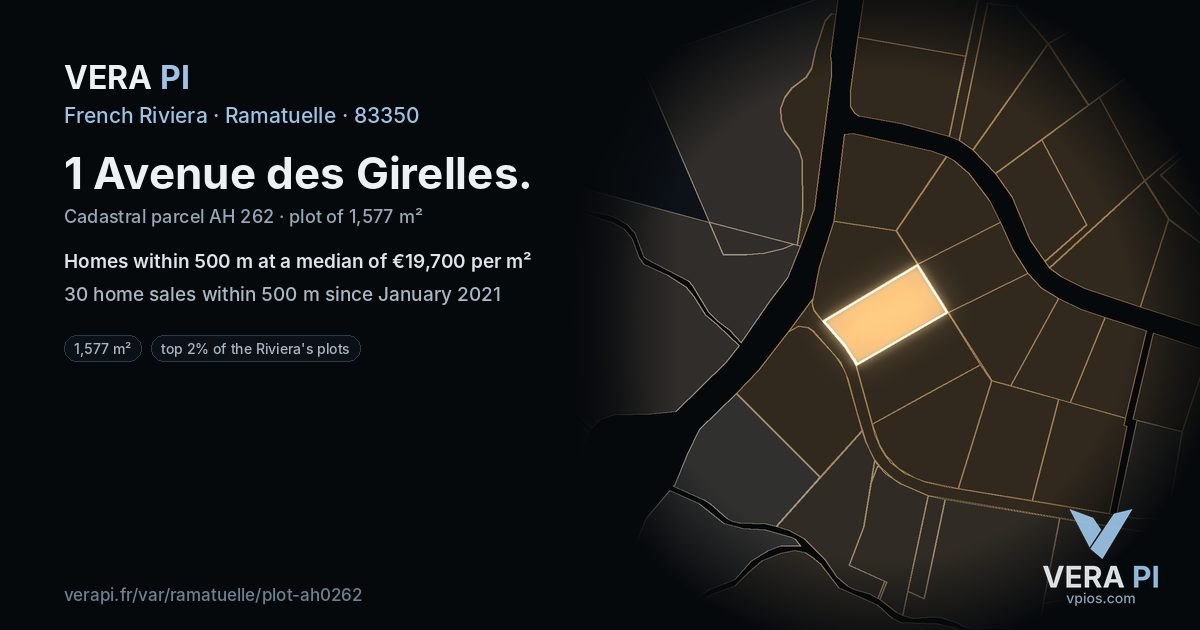 1 Avenue des Girelles, Ramatuelle at night – the plot lit, the parcels around coloured by the prices near them