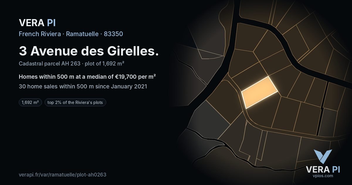 3 Avenue des Girelles, Ramatuelle at night – the plot lit, the parcels around coloured by the prices near them