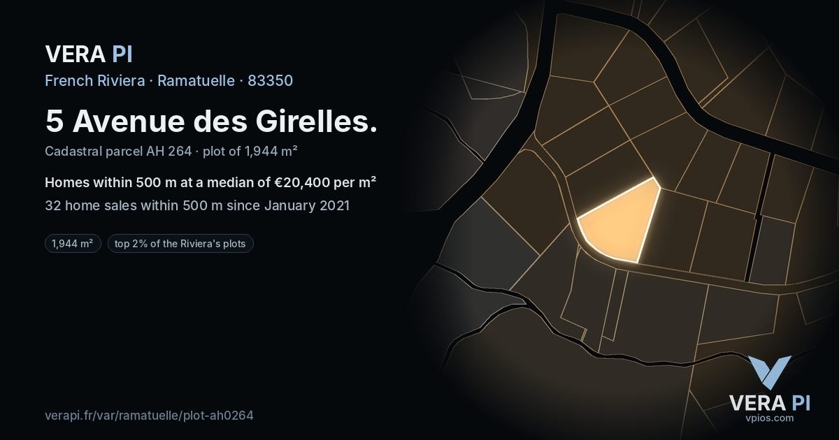 5 Avenue des Girelles, Ramatuelle at night – the plot lit, the parcels around coloured by the prices near them