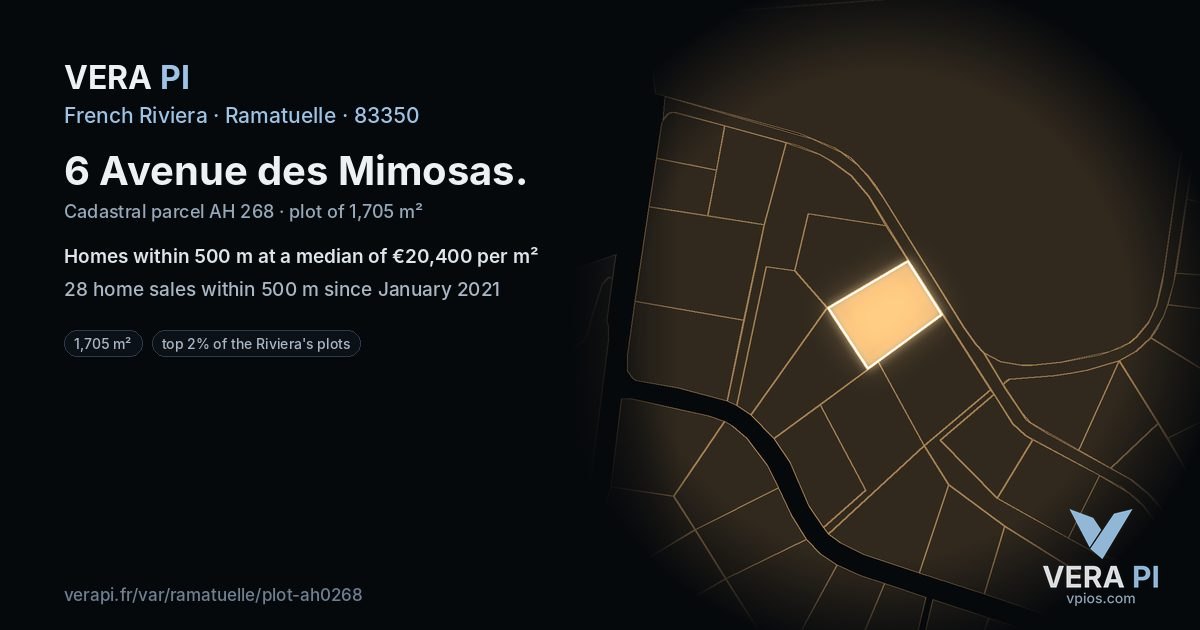 6 Avenue des Mimosas, Ramatuelle at night – the plot lit, the parcels around coloured by the prices near them