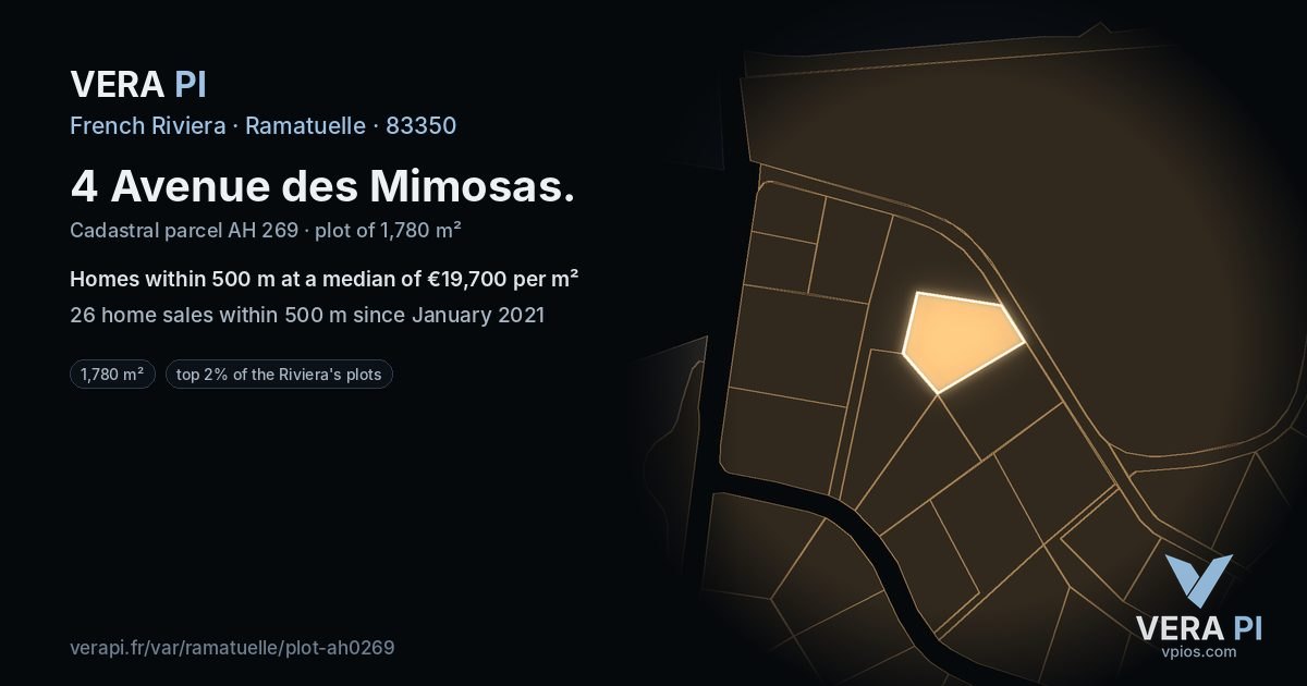 4 Avenue des Mimosas, Ramatuelle at night – the plot lit, the parcels around coloured by the prices near them