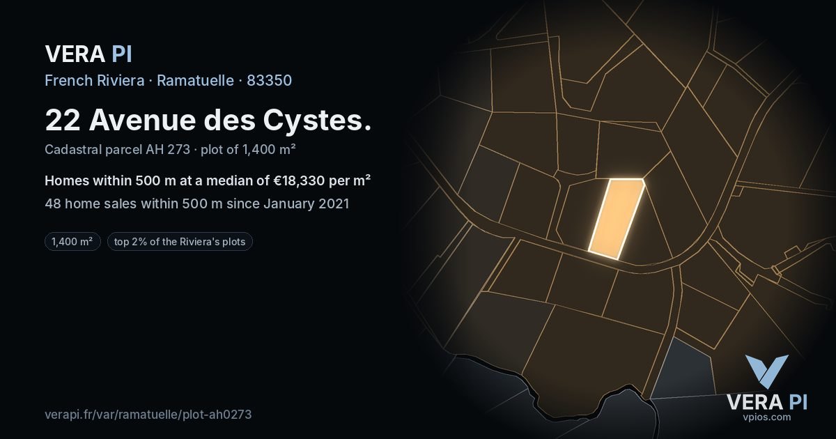 22 Avenue des Cystes, Ramatuelle at night – the plot lit, the parcels around coloured by the prices near them
