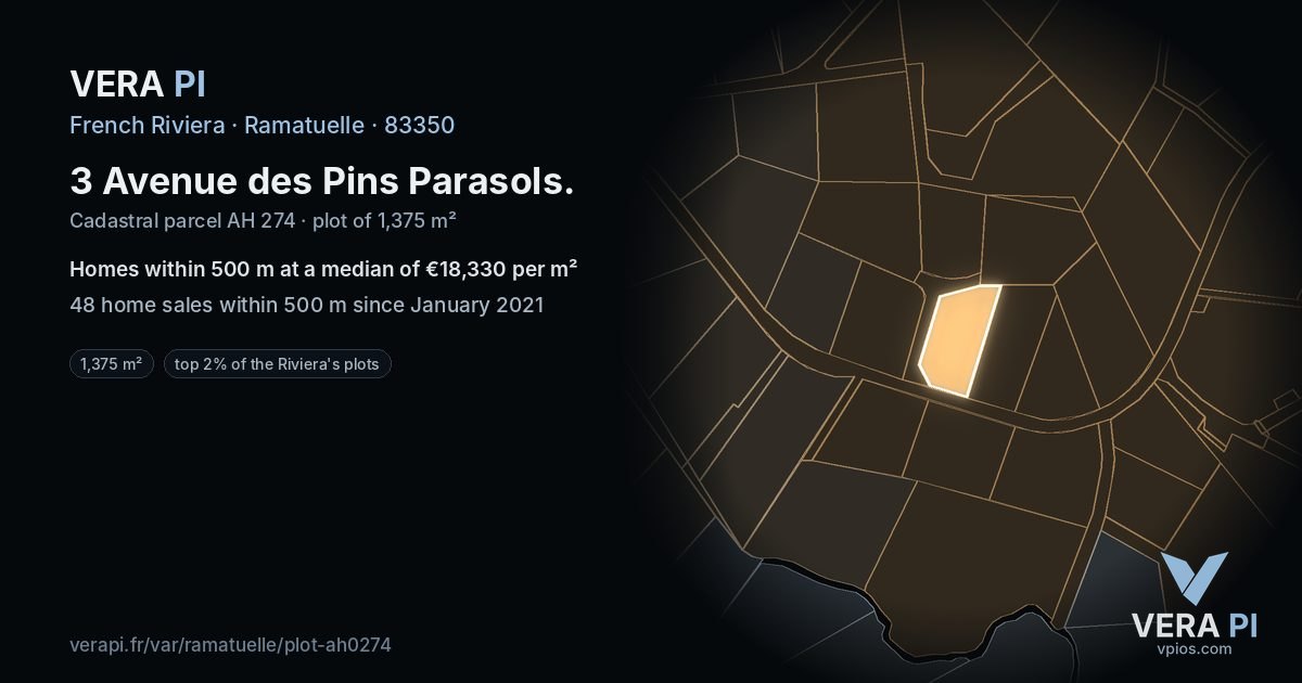 3 Avenue des Pins Parasols, Ramatuelle at night – the plot lit, the parcels around coloured by the prices near them