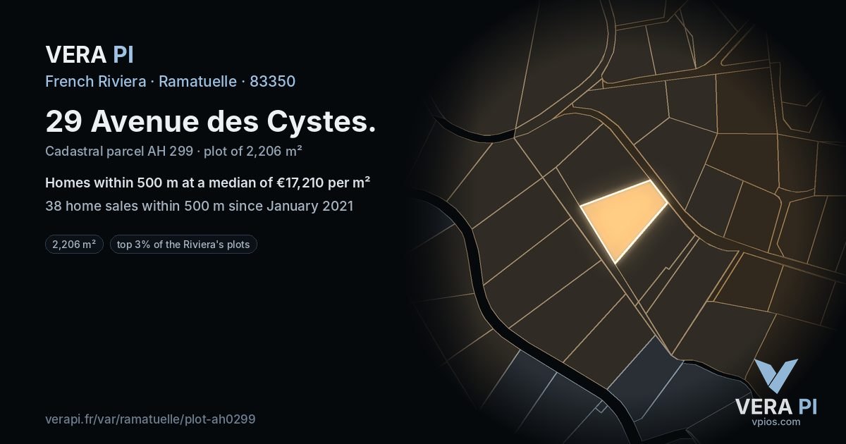 29 Avenue des Cystes, Ramatuelle at night – the plot lit, the parcels around coloured by the prices near them