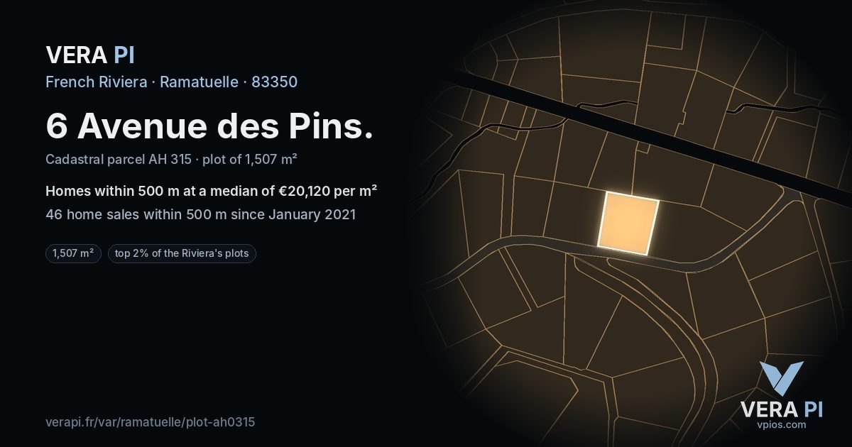 6 Avenue des Pins, Ramatuelle at night – the plot lit, the parcels around coloured by the prices near them