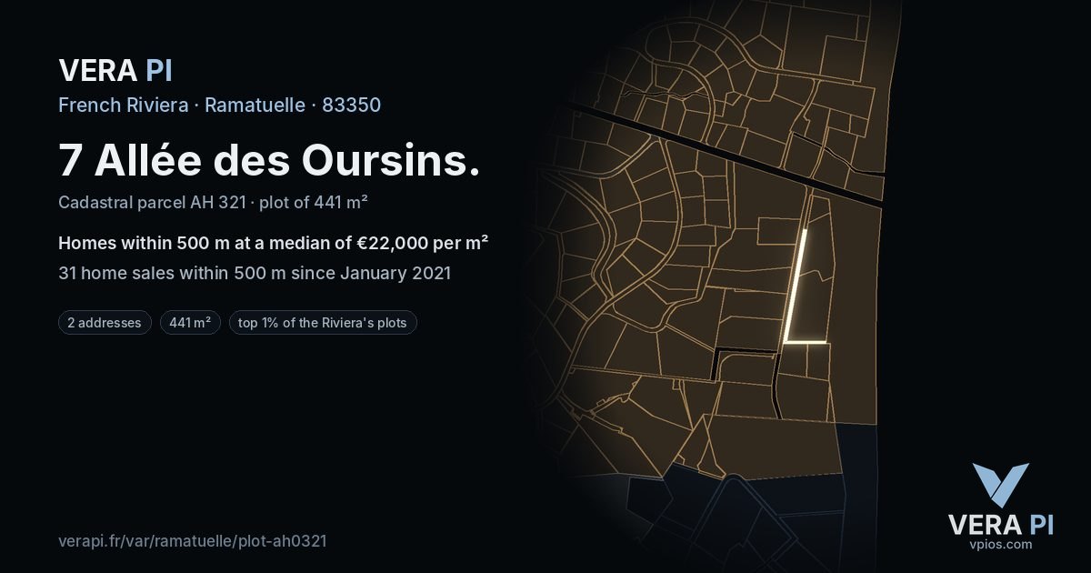 7 Allée des Oursins, Ramatuelle at night – the plot lit, the parcels around coloured by the prices near them