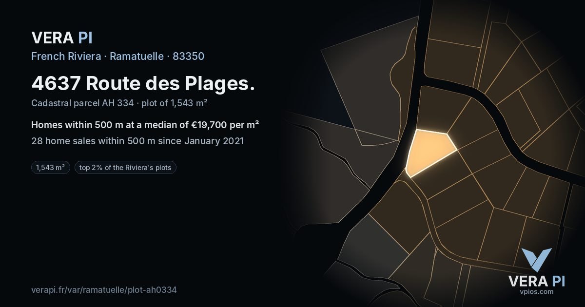 4637 Route des Plages, Ramatuelle at night – the plot lit, the parcels around coloured by the prices near them