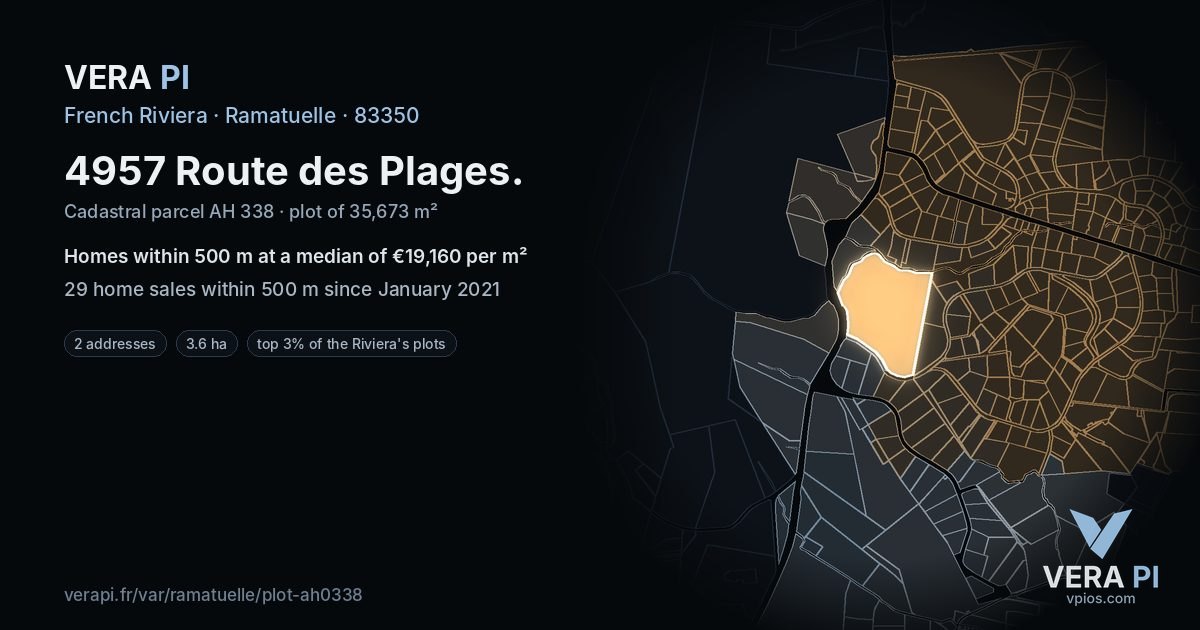 4957 Route des Plages, Ramatuelle at night – the plot lit, the parcels around coloured by the prices near them