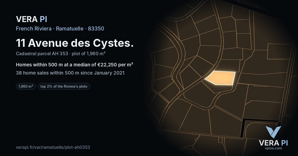 11 Avenue des Cystes, Ramatuelle at night – the plot lit, the parcels around coloured by the prices near them