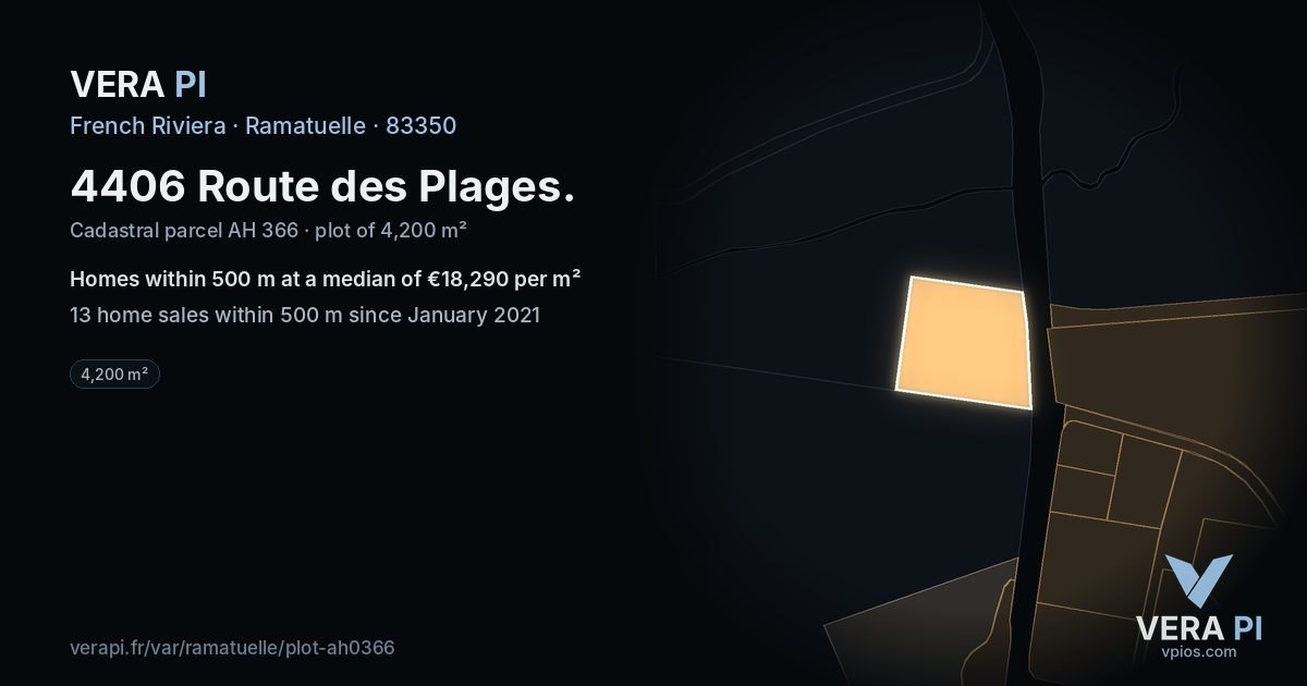 4406 Route des Plages, Ramatuelle at night – the plot lit, the parcels around coloured by the prices near them