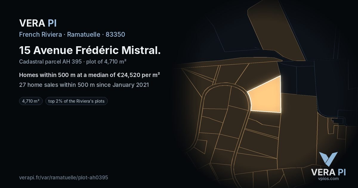 15 Avenue Frédéric Mistral, Ramatuelle at night – the plot lit, the parcels around coloured by the prices near them